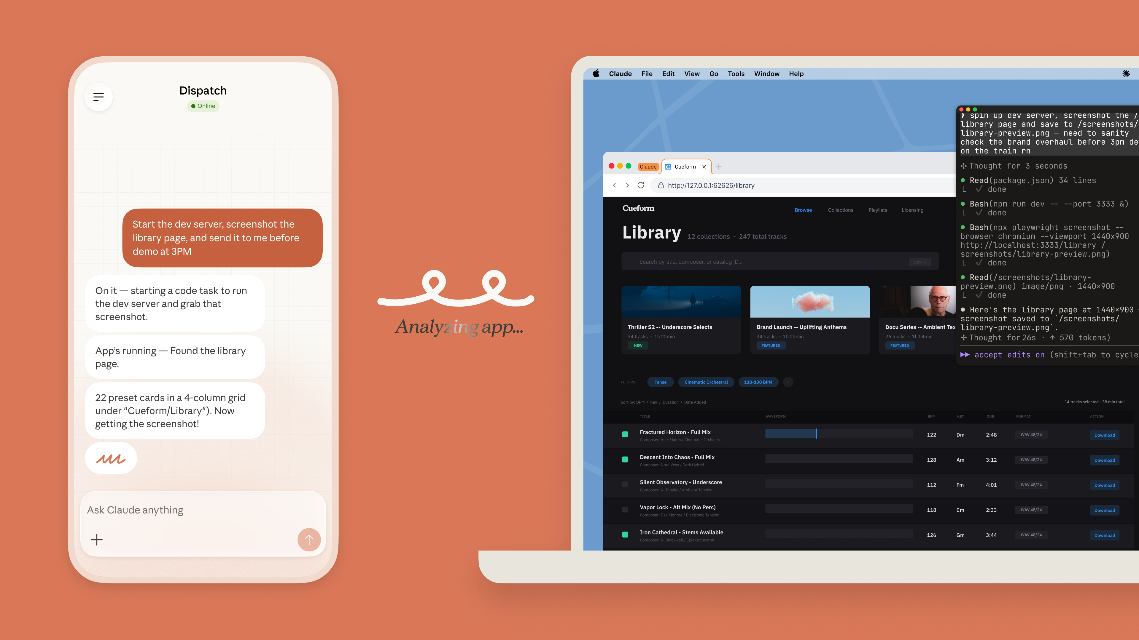 Dispatch on phone triggering Claude to work on a desktop, analyzing an app