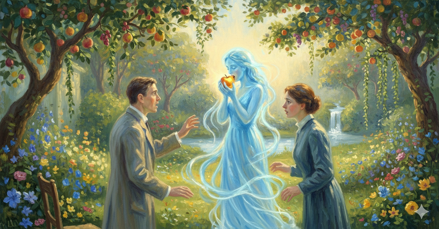 An AI agent taking an apple in a garden setting - a nod to free will and the moment agents begin making their own decisions